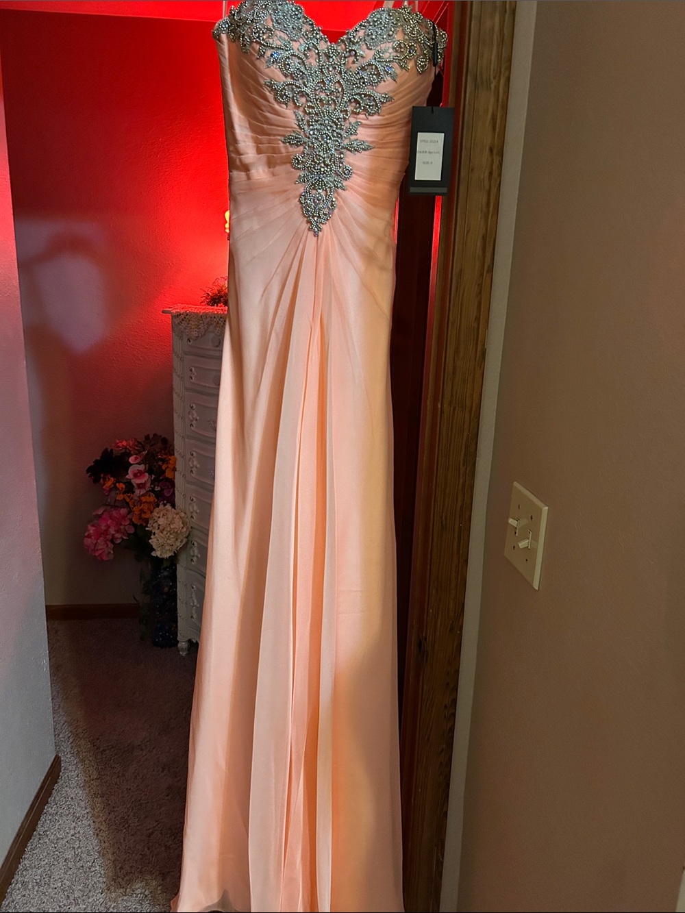 Strapless Peach Evening Gown with Silver Embellished Bodice